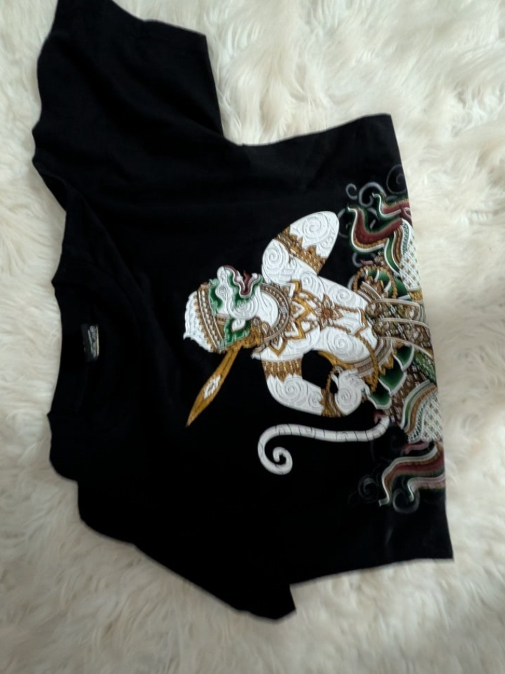 Black Graphic Tee with White, Gold & Green Mythical Warrior Motif
